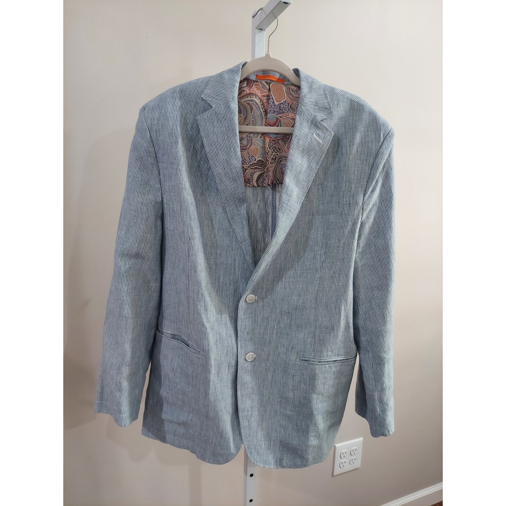 Tallia Mens Blue White Pinstripe Linen Blend Blazer Sport Coat Preppy Coastal